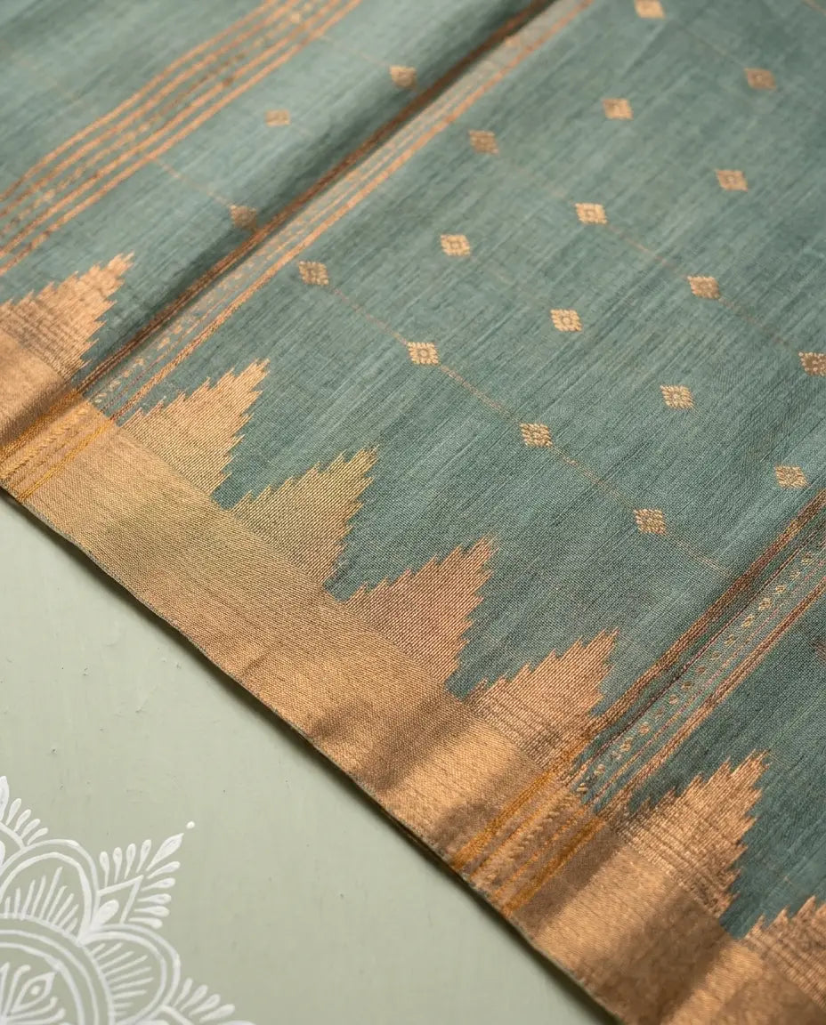 Swarna Pallav – Bengal Handloom Cotton Saree, Sage Green