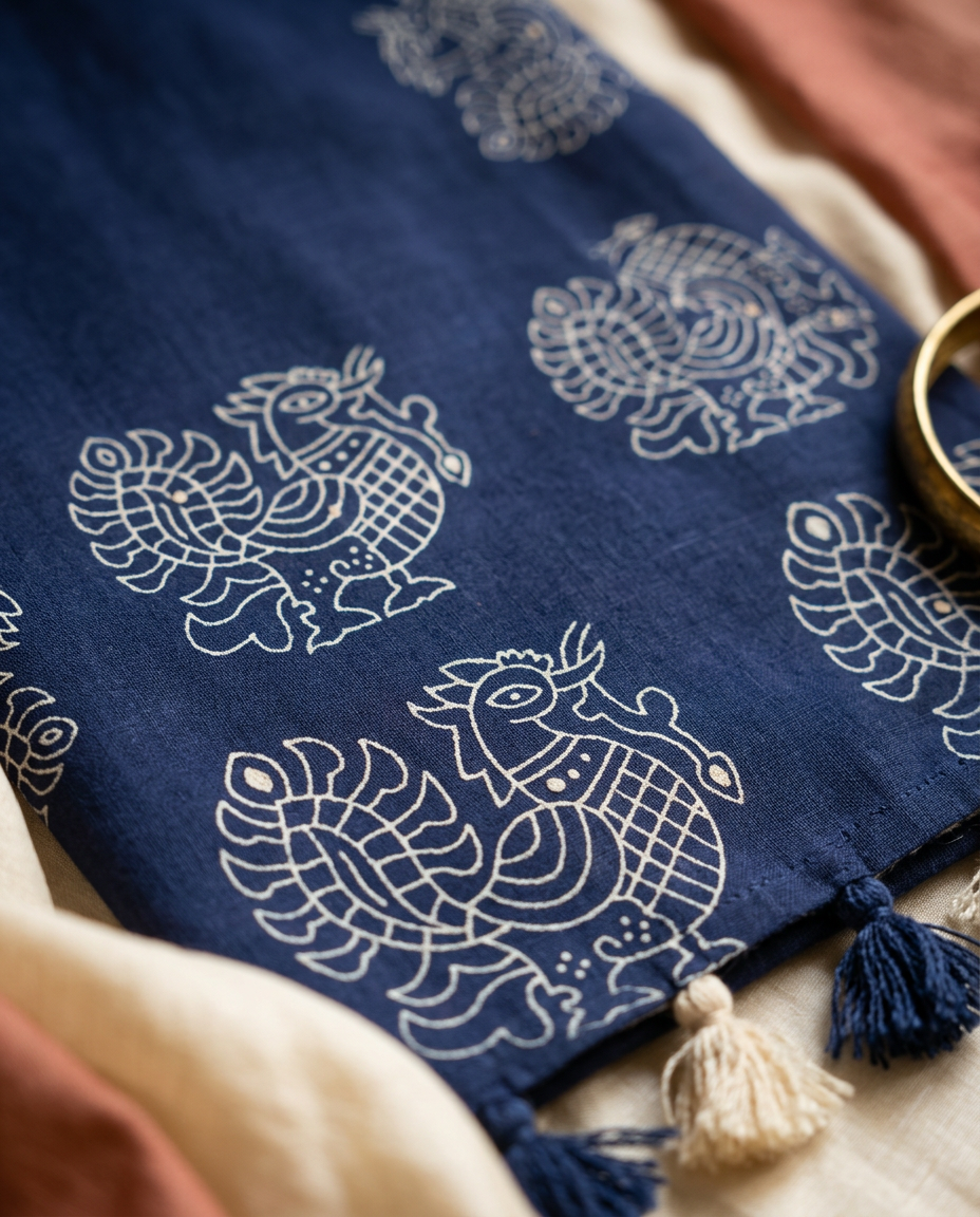 Neel Rekha – Indigo Kalam Print Linen Saree, Office Wear