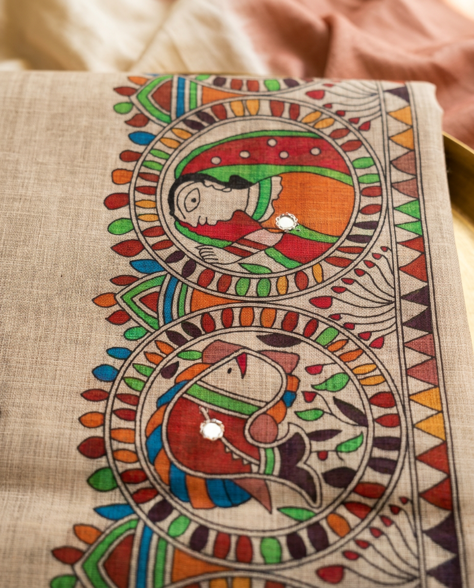 Madhur Rekha – Madhubani Folk Art Linen Saree, Beige