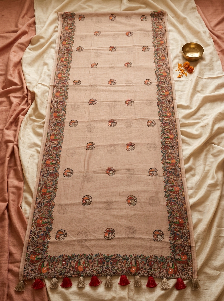 Madhur Rekha – Madhubani Folk Art Linen Saree, Beige