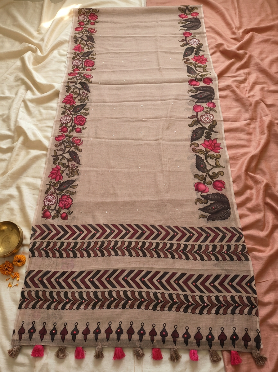 Pushparekha – Kalamkari Floral Linen Saree, Beige Sand