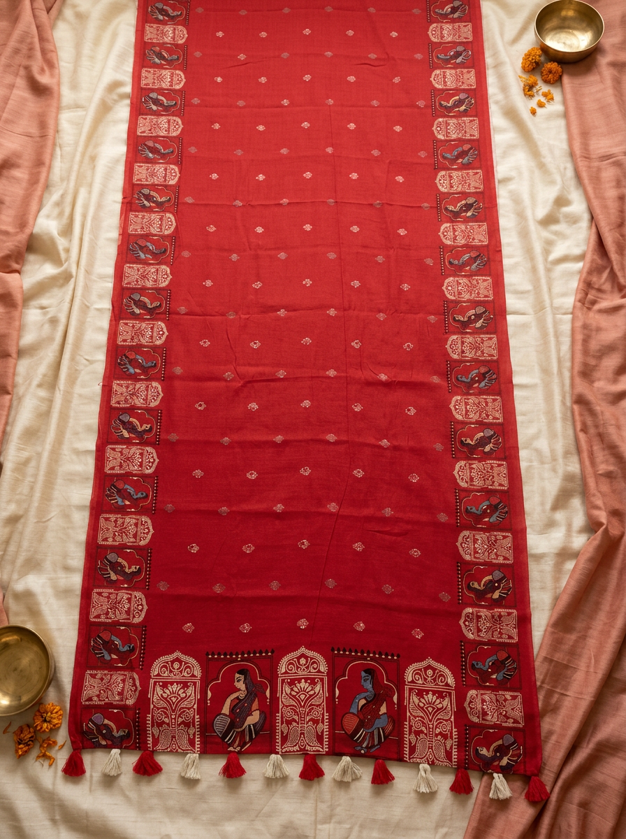 Raasvilas – Raasleela Folk Print Linen Saree, Rust Red