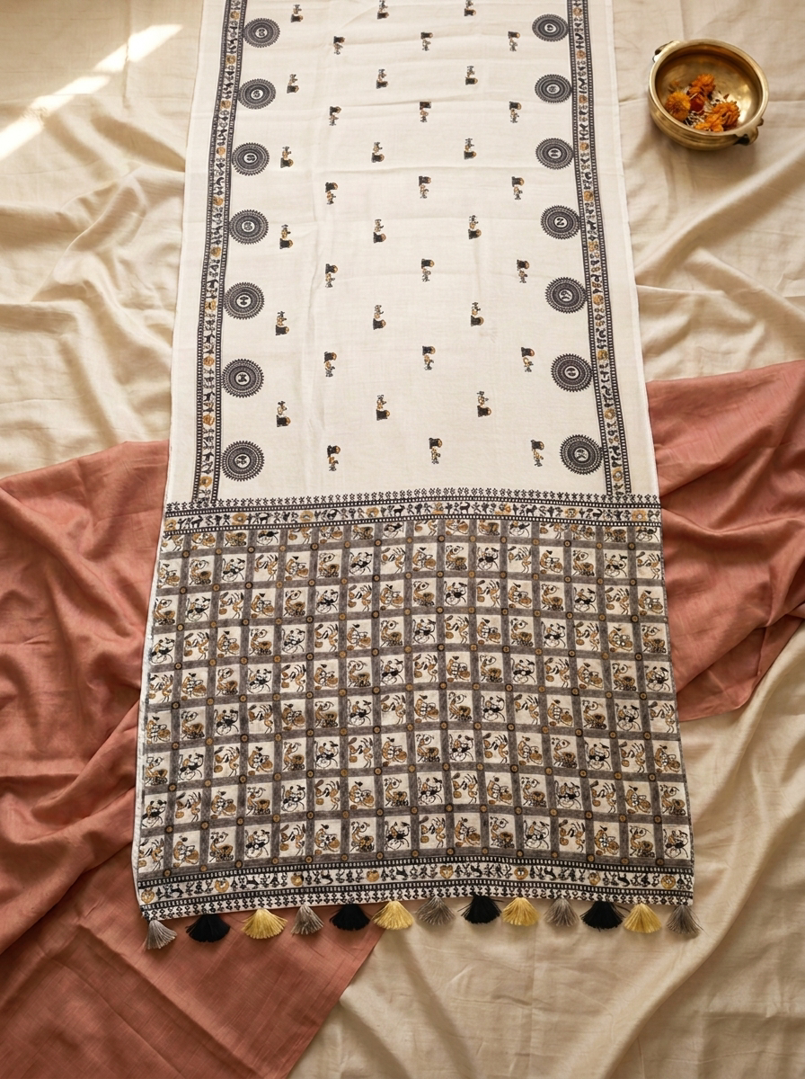 Gaon Rekha – Folk Panel Print Linen Saree, Off-White Gold
