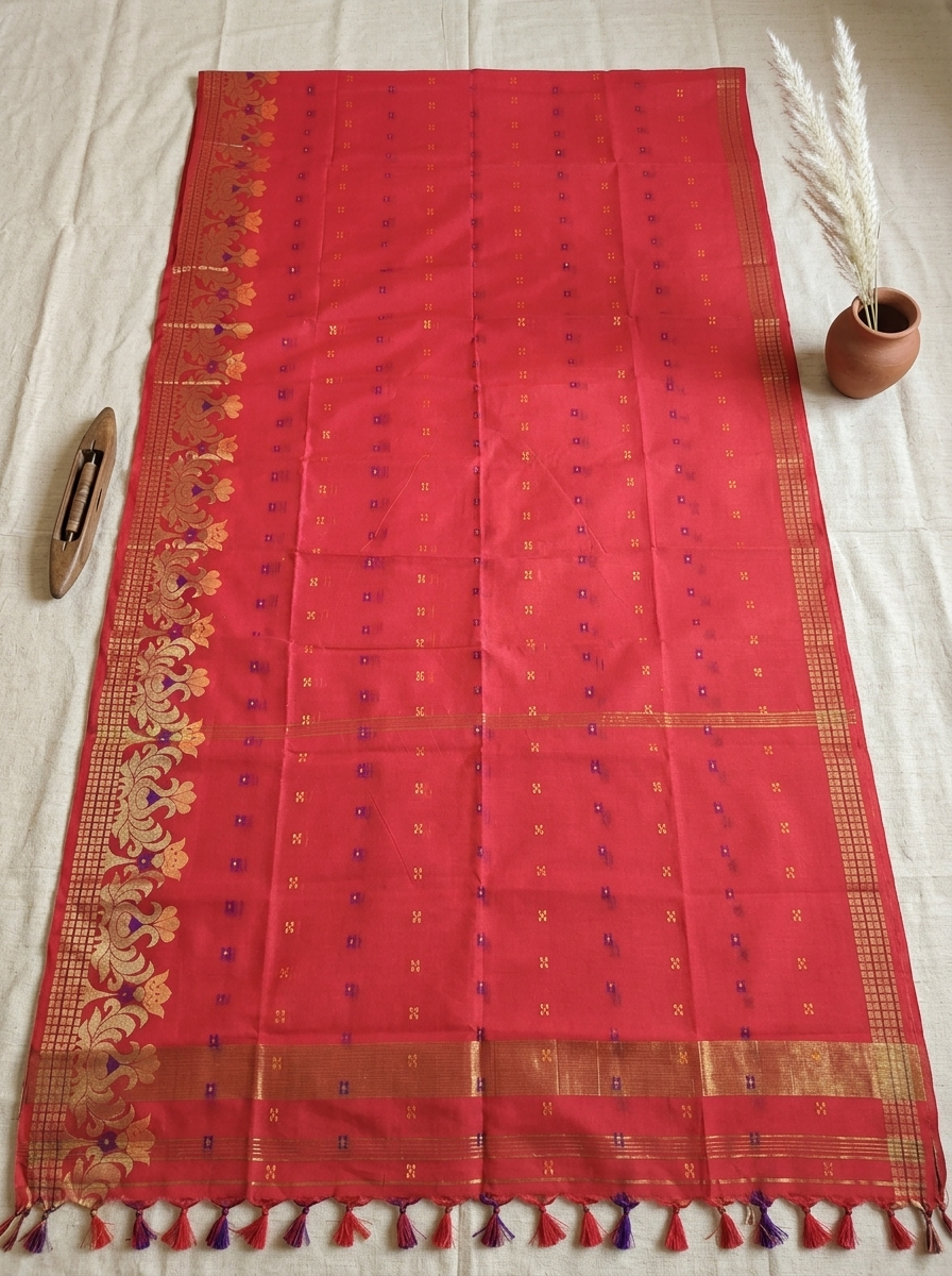 Sindoor Pushpa – Bengal Handloom Cotton Saree | Vermilion Red, Festive & Wedding Wear