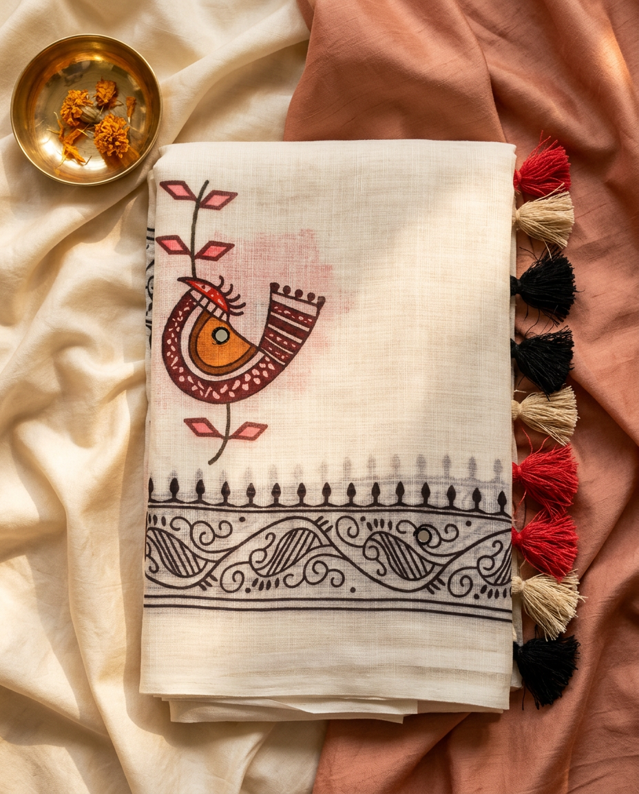 Laal Chidiya – Folk Bird Print Linen Saree, Festive