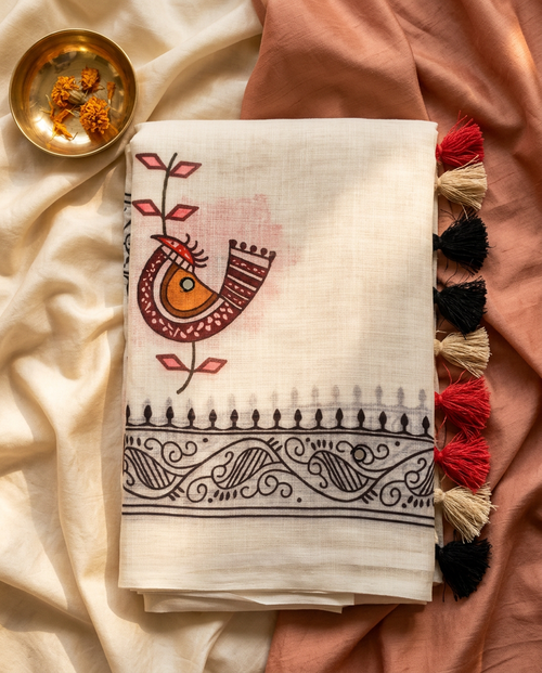 Laal Chidiya – Folk Bird Print Linen Saree, Festive