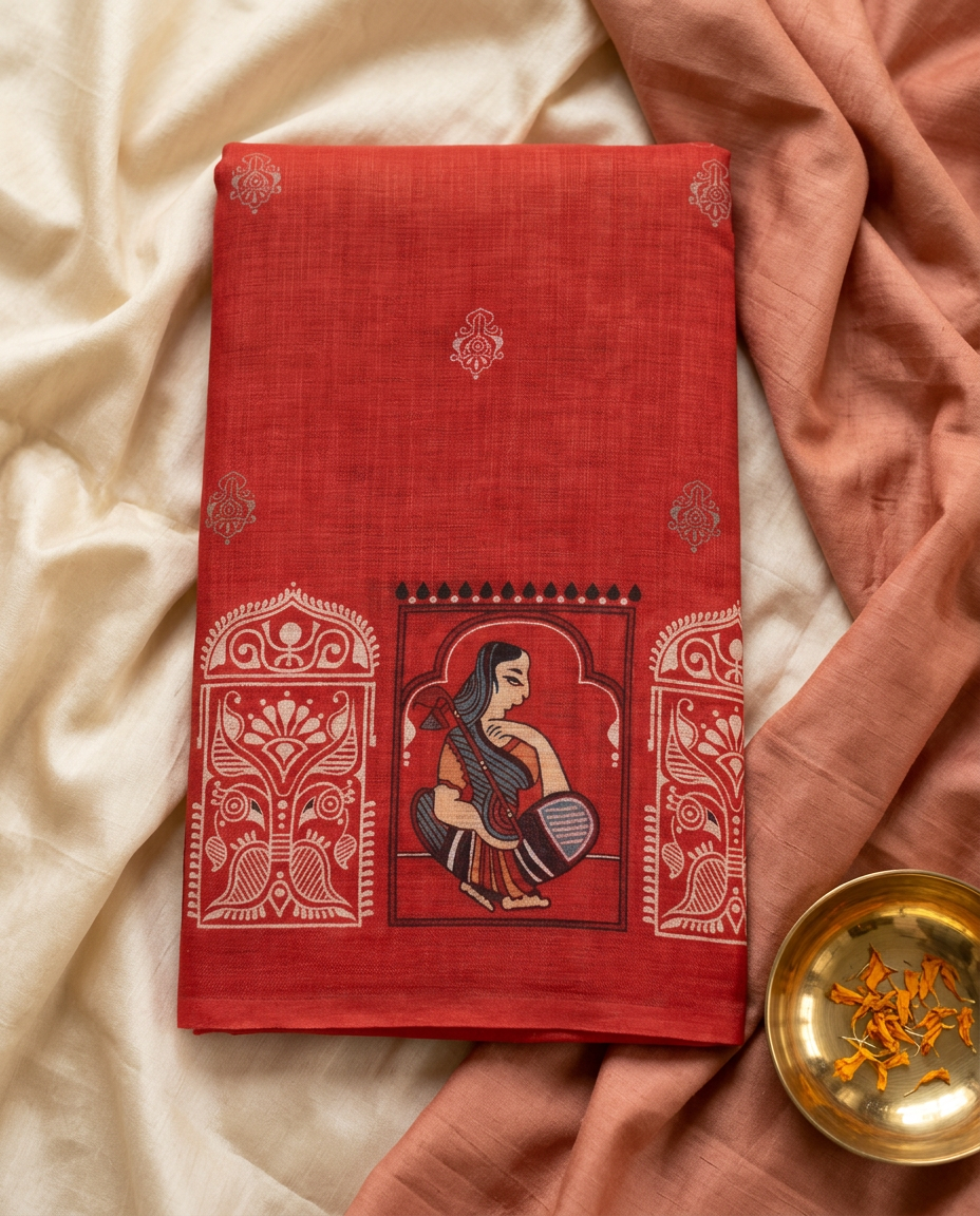 Raasvilas – Raasleela Folk Print Linen Saree, Rust Red