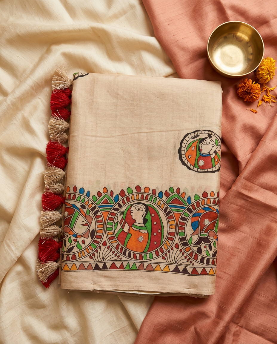 Madhur Rekha – Madhubani Folk Art Linen Saree, Beige