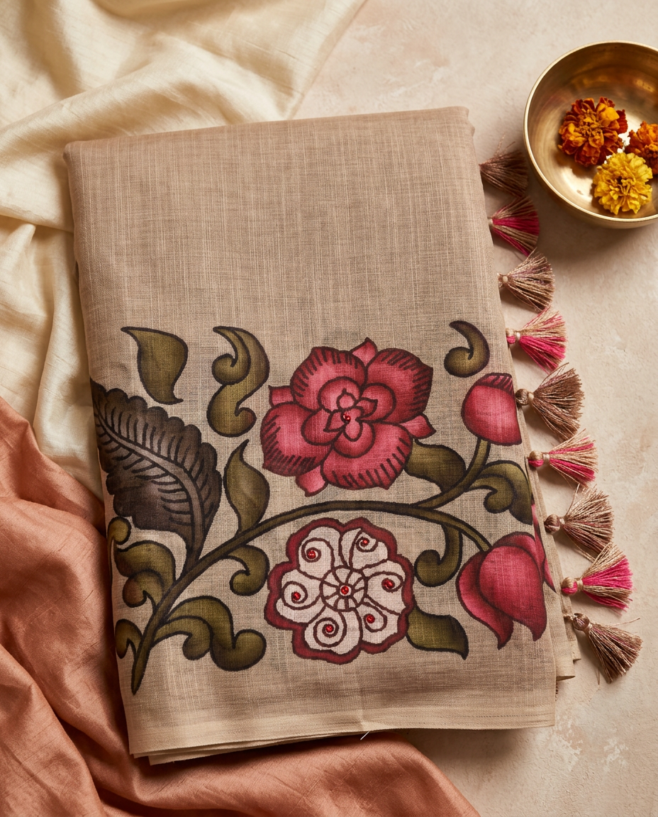 Pushparekha – Kalamkari Floral Linen Saree, Beige Sand