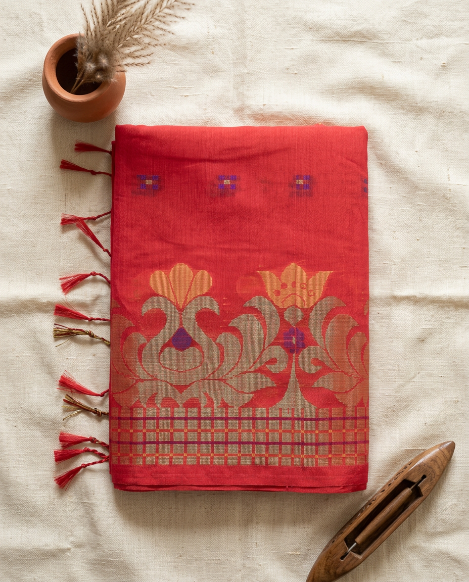 Sindoor Pushpa – Bengal Handloom Cotton Saree | Vermilion Red, Festive & Wedding Wear
