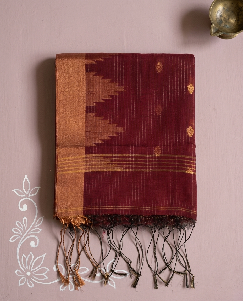 Kumkum Rekha – Bengal Handloom Cotton Saree, Maroon Zari
