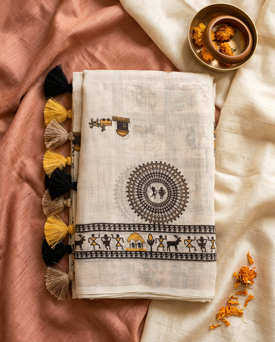 Gaon Rekha – Folk Panel Print Linen Saree, Off-White Gold
