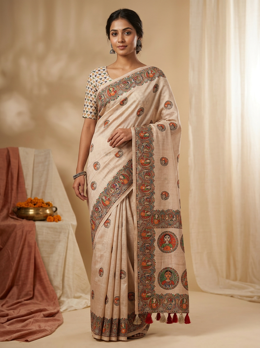 Madhur Rekha – Madhubani Folk Art Linen Saree, Beige