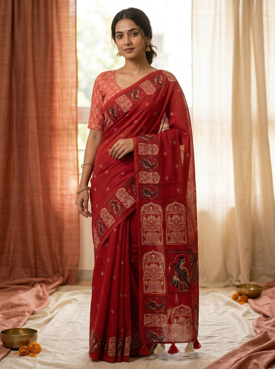 Raasvilas – Raasleela Folk Print Linen Saree, Rust Red