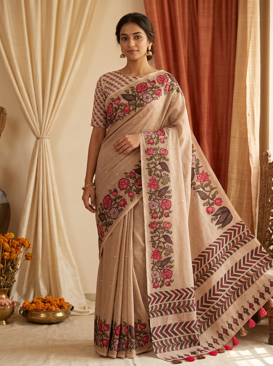 Pushparekha – Kalamkari Floral Linen Saree, Beige Sand