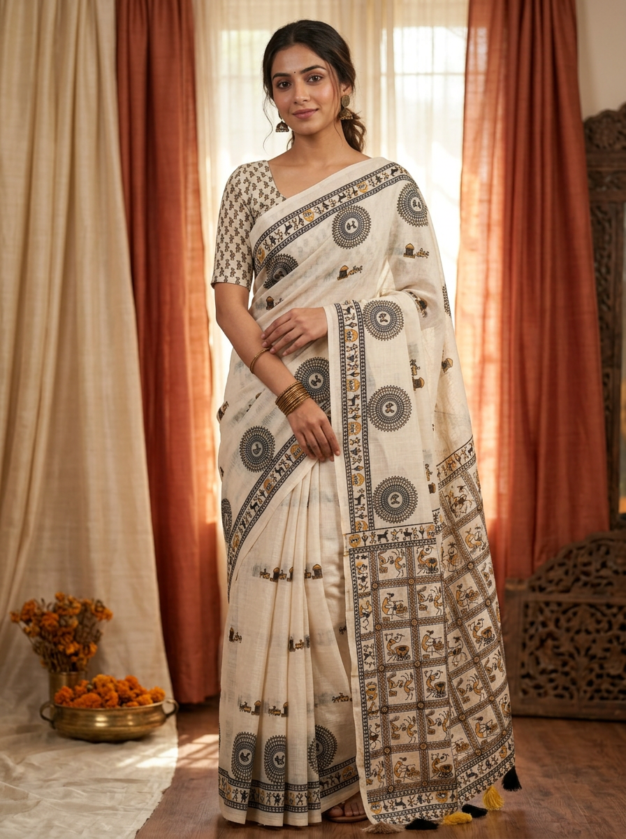 Gaon Rekha – Folk Panel Print Linen Saree, Off-White Gold