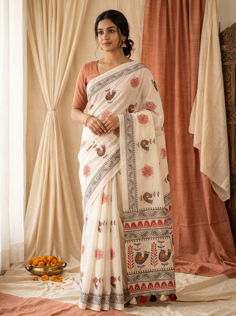 Laal Chidiya – Folk Bird Print Linen Saree, Festive