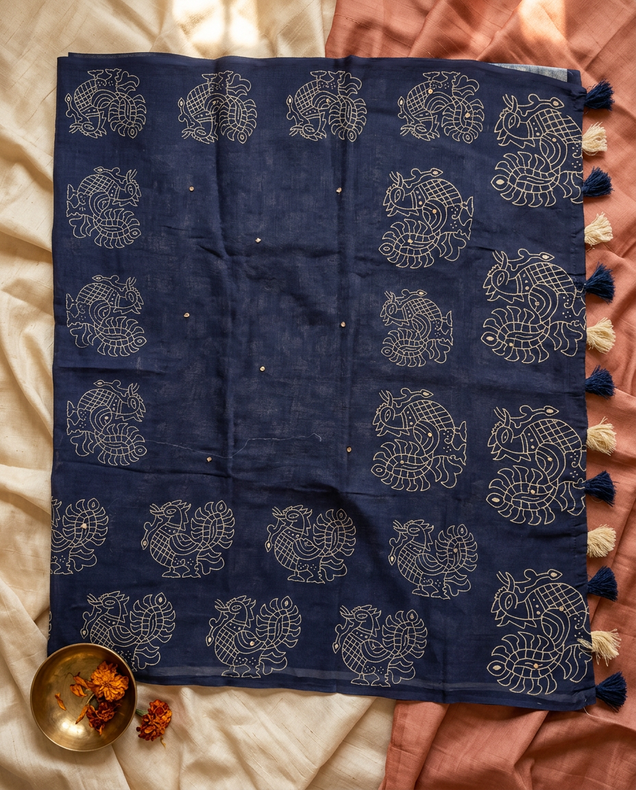 Neel Rekha – Indigo Kalam Print Linen Saree, Office Wear