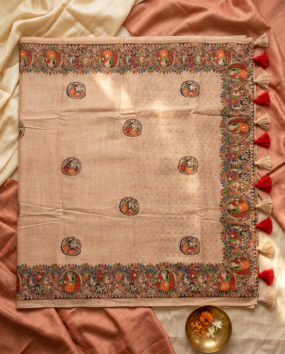 Madhur Rekha – Madhubani Folk Art Linen Saree, Beige
