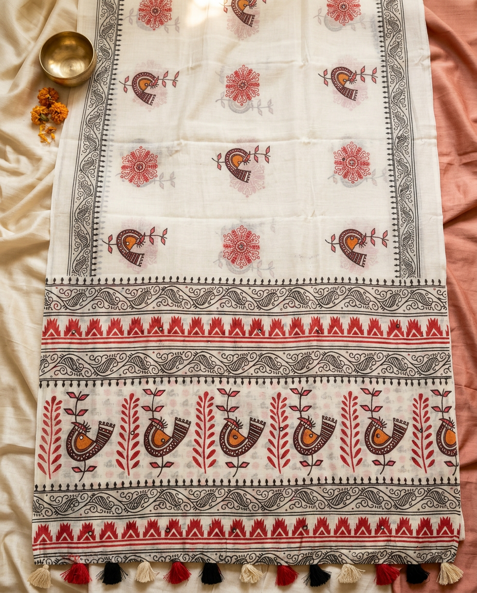 Laal Chidiya – Folk Bird Print Linen Saree, Festive