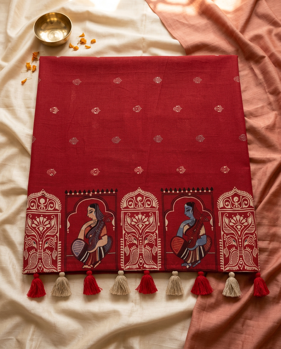 Raasvilas – Raasleela Folk Print Linen Saree, Rust Red