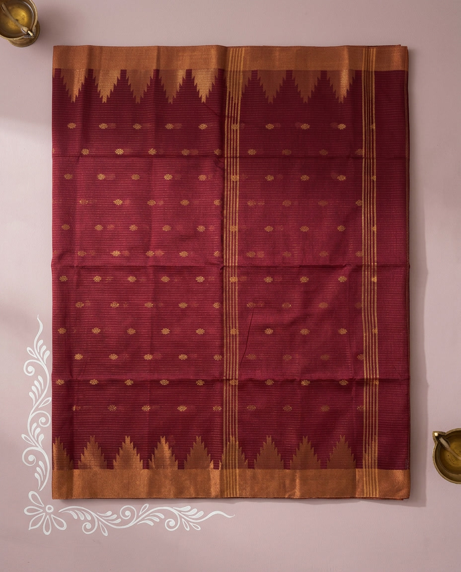 Kumkum Rekha – Bengal Handloom Cotton Saree, Maroon Zari