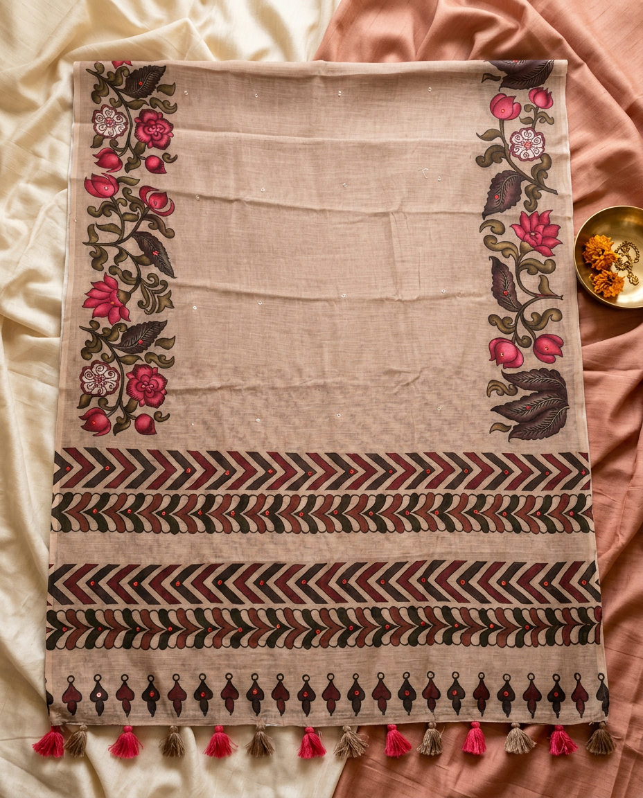 Pushparekha – Kalamkari Floral Linen Saree, Beige Sand