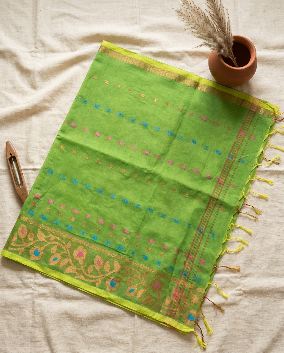 Harit Pushpa – Bengal Handloom Cotton Saree | Parrot Green Zari, Festive & Daily Wear