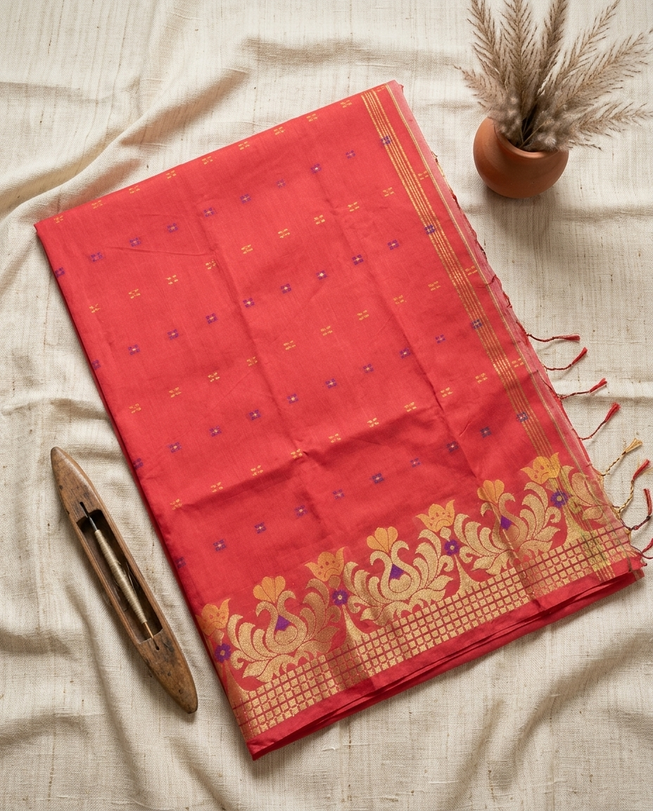 Sindoor Pushpa – Bengal Handloom Cotton Saree | Vermilion Red, Festive & Wedding Wear