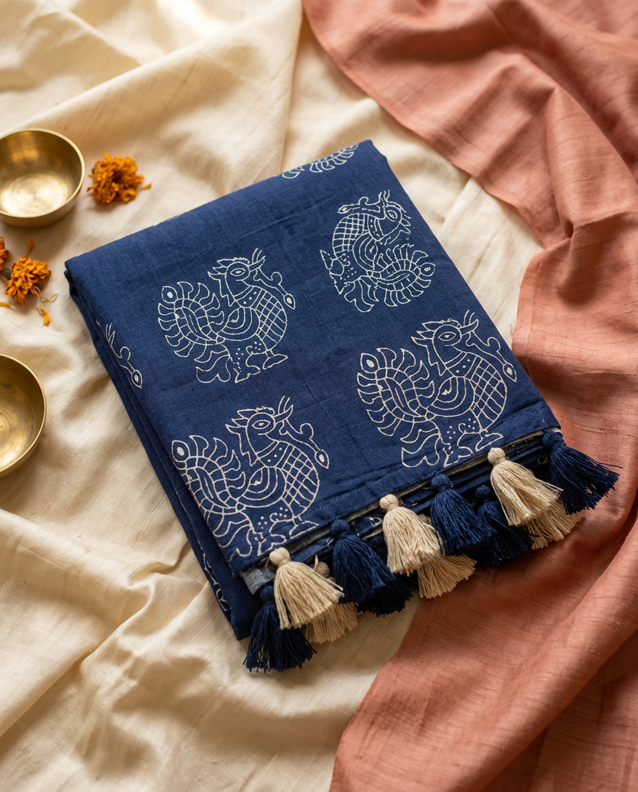 Neel Rekha – Indigo Kalam Print Linen Saree, Office Wear
